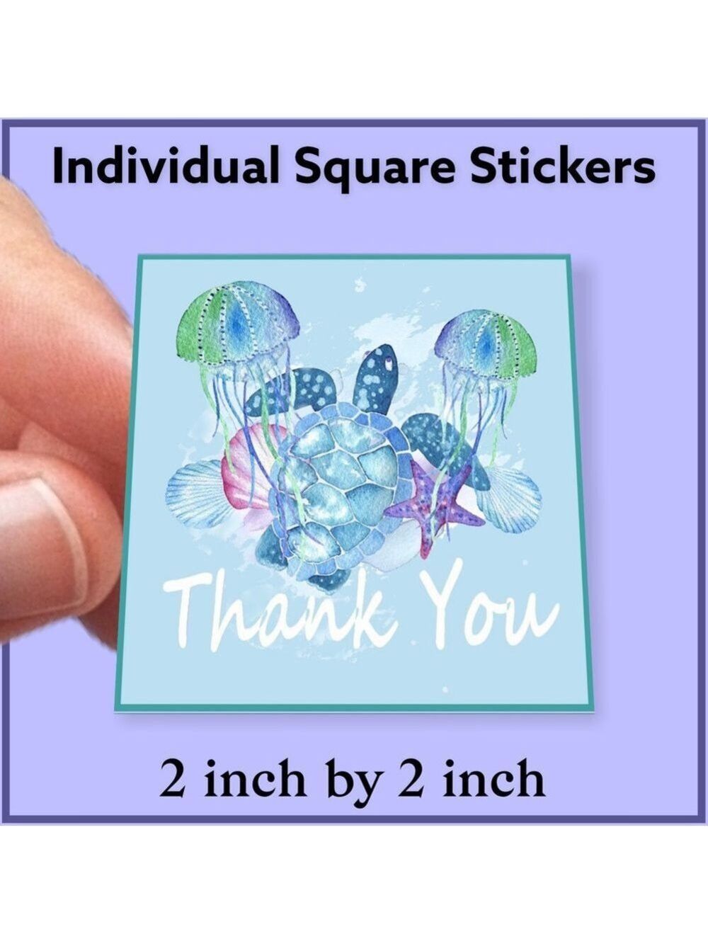 100 (2x2 Inch) Square Stickers, Sea Turtle & Jellyfish High Gloss, Thank You - Picture 2 of 3
